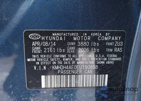 2014 Hyundai Elantra Se from USA, damaged, VIN KMHDH4AE0EU190888
